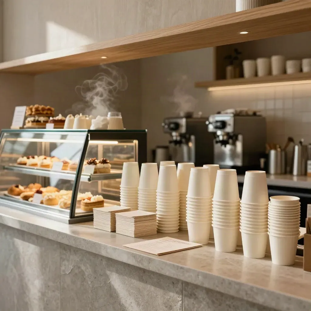 Empty café counter staged for launch with cups, face-down menus, tent cards and a lit pastry case.