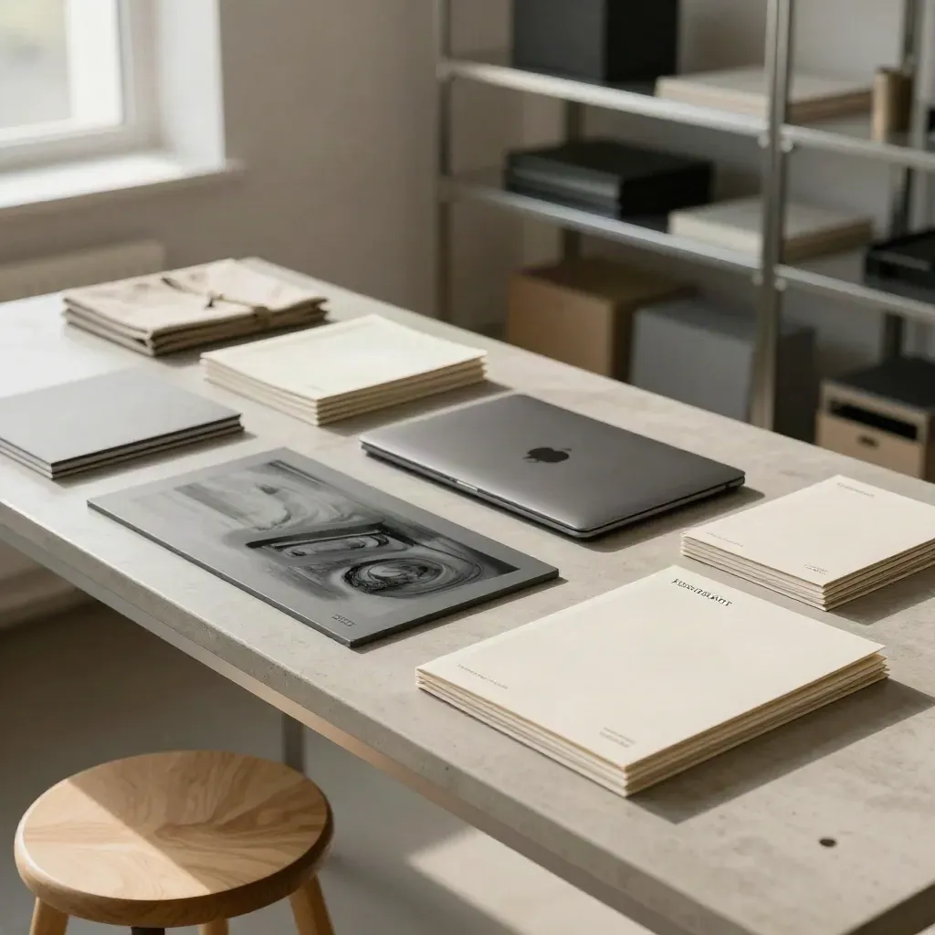 Aligned founder brand kit on a studio workbench with closed laptop and printed covers.