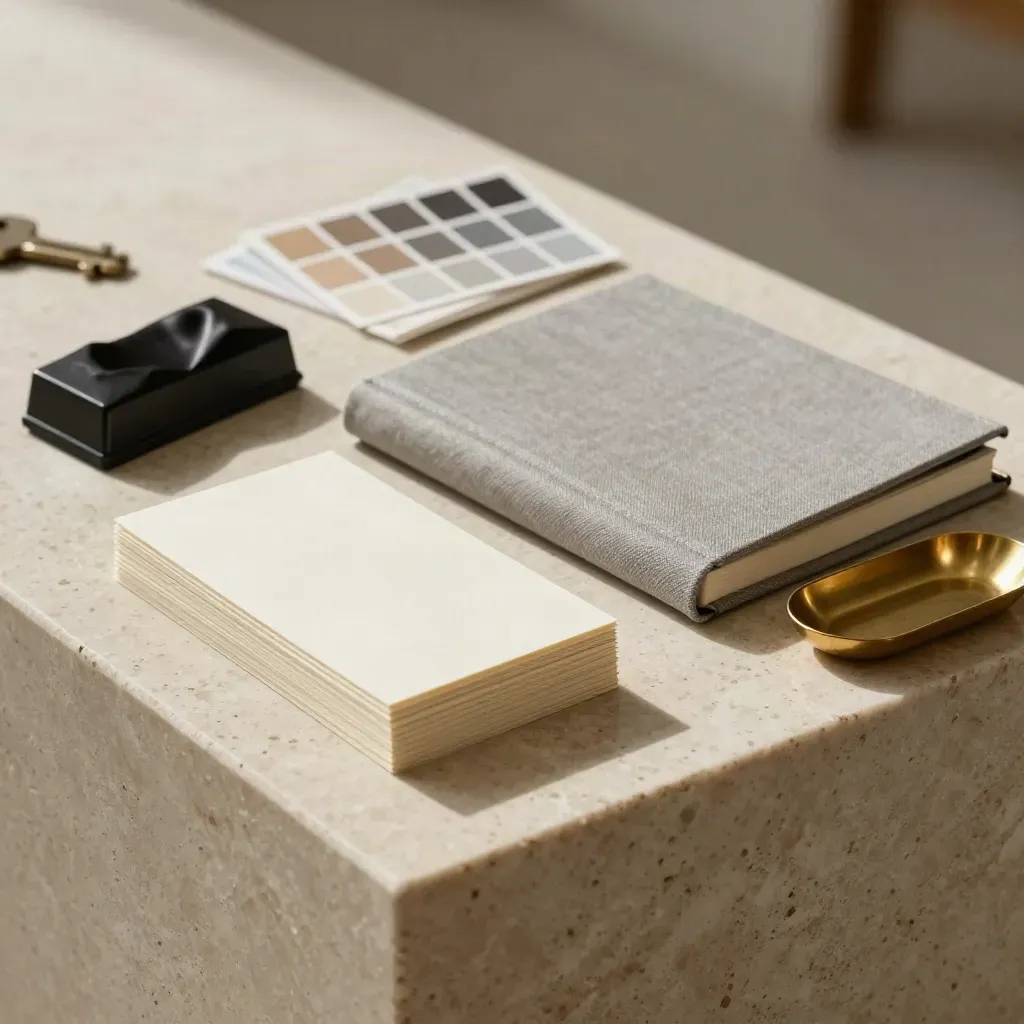 Strategy tools on travertine: cards, notebook, colour chips, paperweight and brass tray.