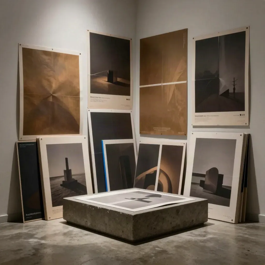 Campaign art plinth surrounded by poster panels and motion mockups in a moody studio corner