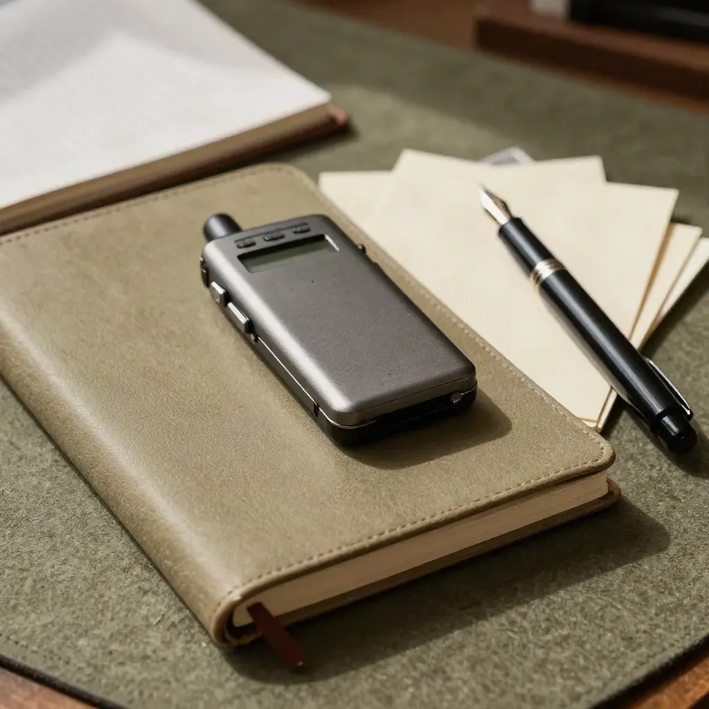 Close-up of editing tools: notebook, recorder, cards, and fountain pen on a felt surface.