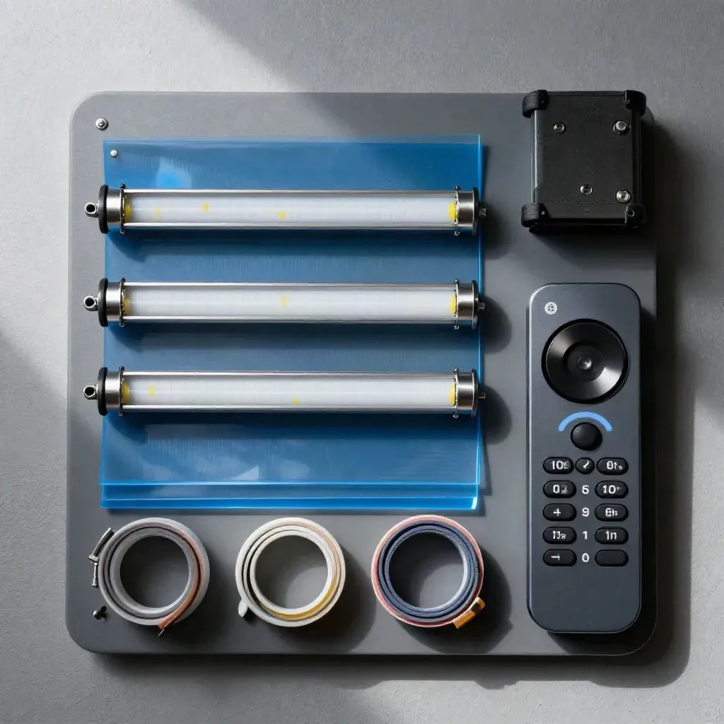 Macro overhead of motion-director gear: LED tubes, blue gels, batteries, remote on a slate tray.