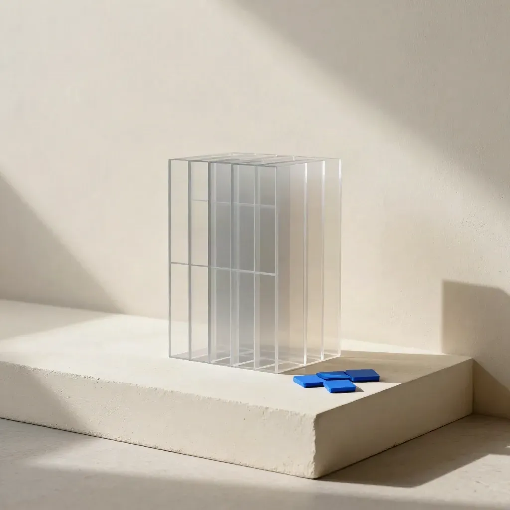 Acrylic grid, tracing sheets and blue chips against a plaster wall, lit from the left.