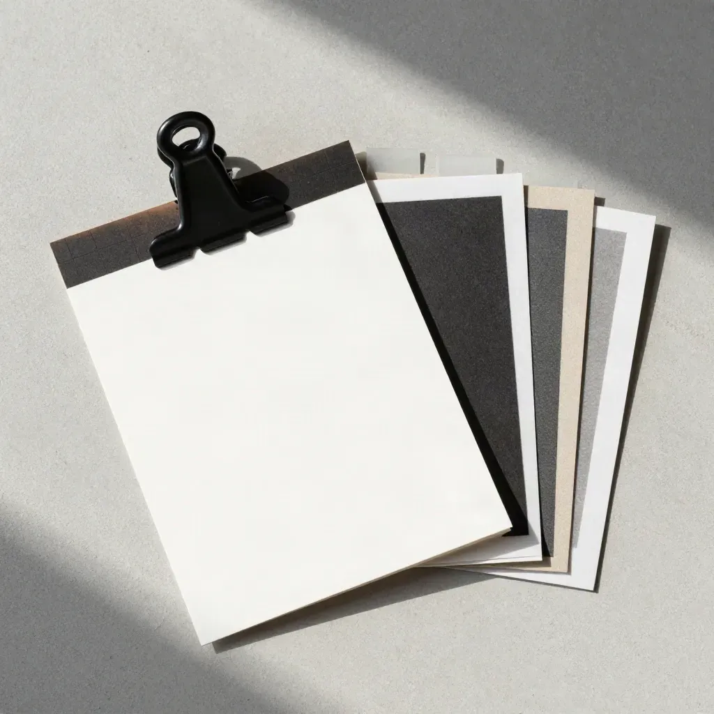 Overhead brand process flatlay of layout cards, clip rail, tabs and specimen pack on concrete.
