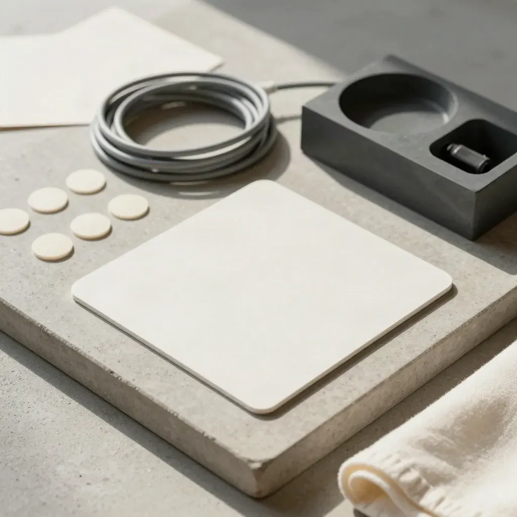 Blank mockup slab with tape dots, cable loop and paperweight on a stone tray in soft light.