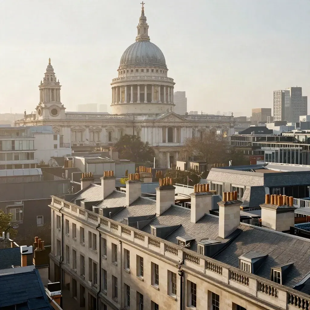 St Paul’s dome above London rooftops in warm haze with calm open copy space below.