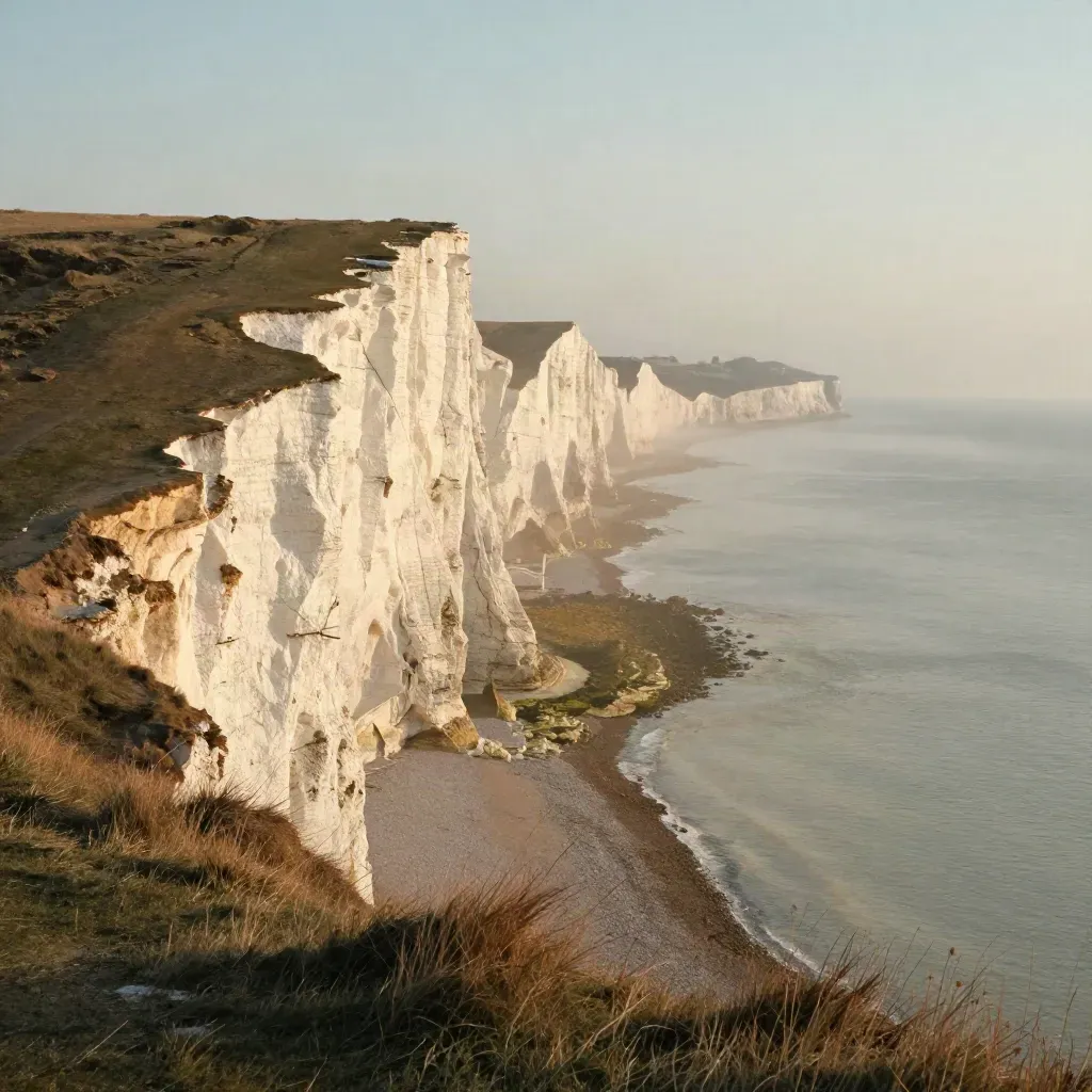 Golden-hour white cliffs over misty Channel sea, wide and calm for copy.