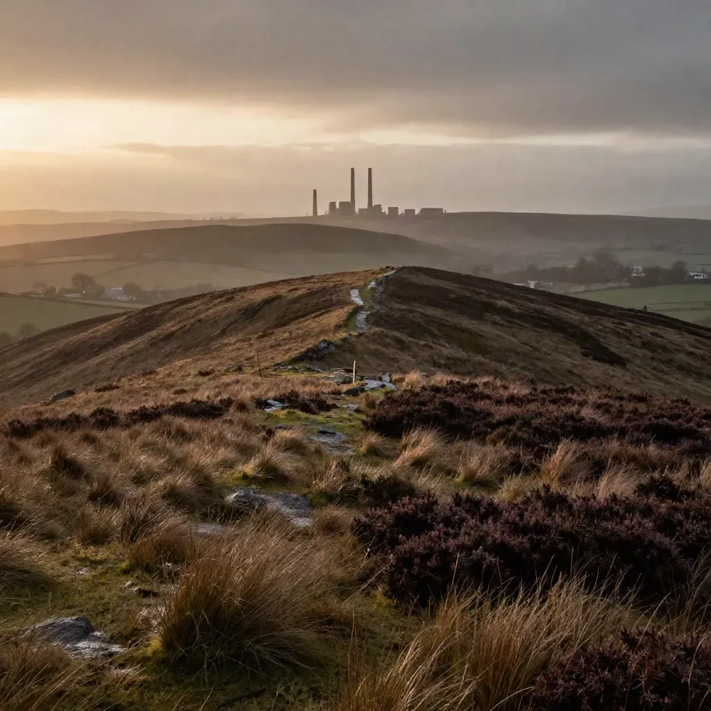 Moody dawn over the Pennine edge with moorland, mist, and a distant industrial skyline.