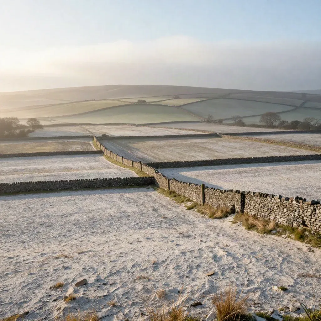 Chalk fields, dry-stone walls, and misty hills with calm open ground for copy.