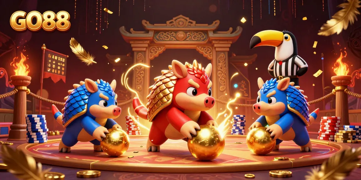GO88 pangolins bowling through poker chips in a vibrant casino scene.