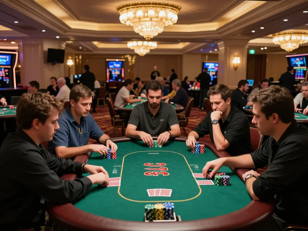 Players strategizing during a high-stakes poker game at the casino, showcasing the thrilling essence of 7mcn.