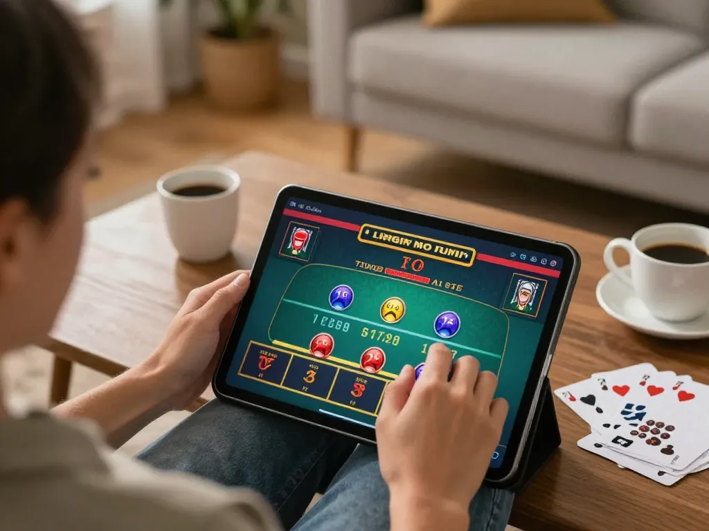 A person enjoying live dealer games on a tablet at home, showcasing https://hitclub.creditcard/ and emphasizing a responsible gaming experience.