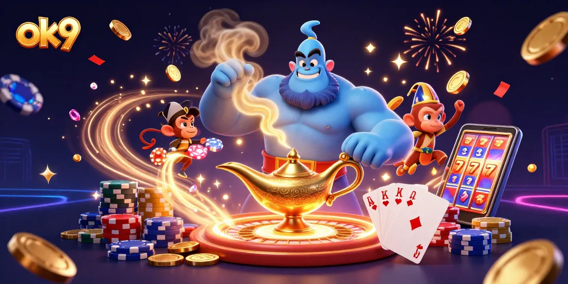 ok9 Casino Magic Reels: Experience thrilling gameplay with a vibrant genie fantasy illustration.