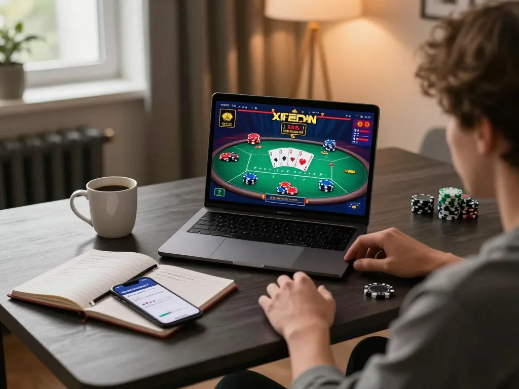 Engaging in online poker at https://play-hbet.com/ with a vibrant game display and cozy home setup.