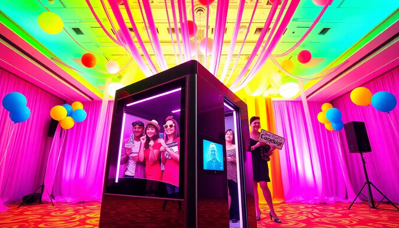 Engaging photo booth rental providing fun experiences at an event with vibrant decorations.
