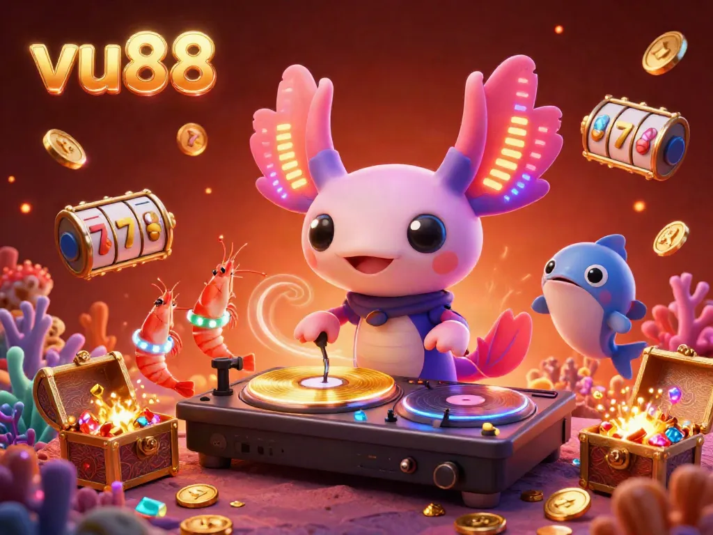 Engage in the vibrant world of vu88 with a neon-colored axolotl DJ, slot reels, and underwater treasures.