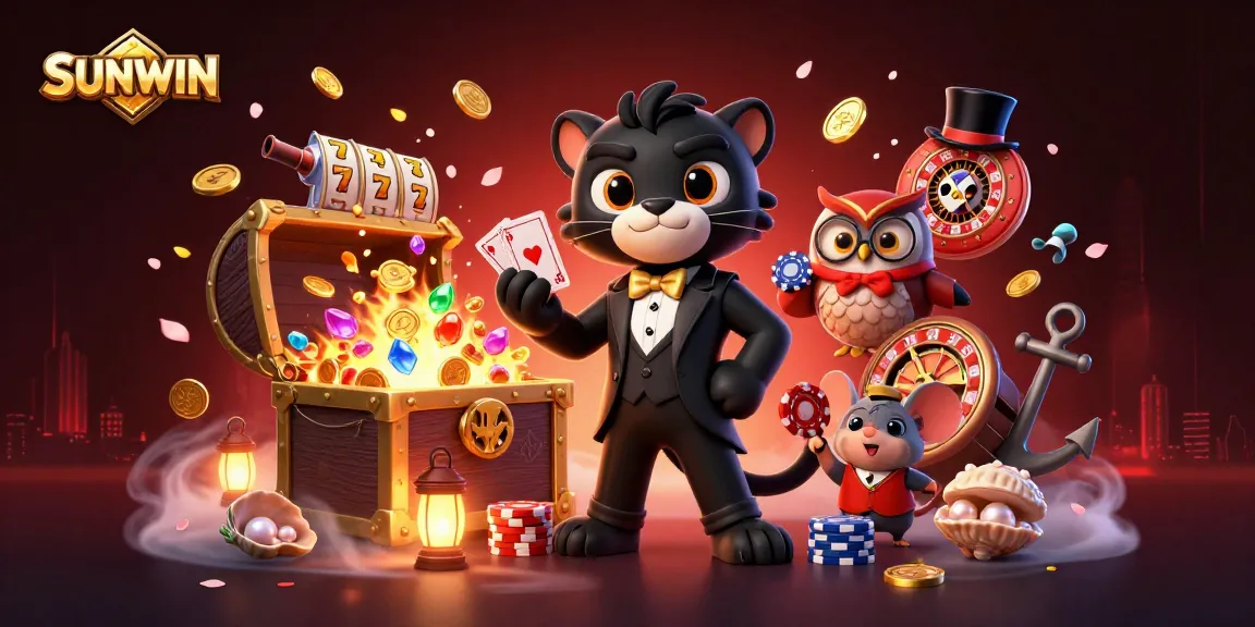 SUNWIN offers a lively scene with a tuxedoed panther, a gaming owl, and a lucky mouse amid vibrant casino elements.