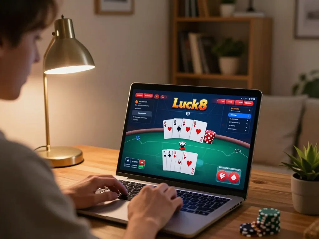 Playing poker online at Luck8 with vibrant interface and cozy home setting