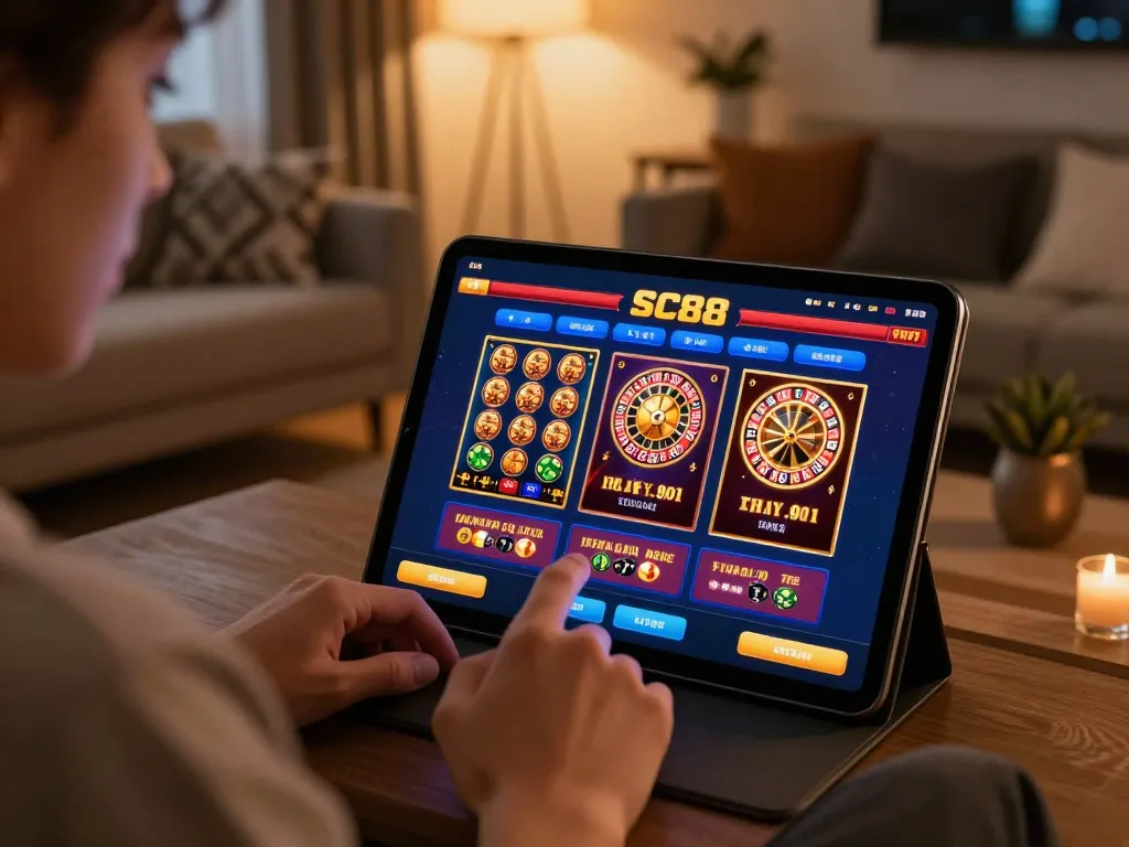 Playing casino games on link sc88 app in a cozy living room setup, showcasing excitement and engagement.