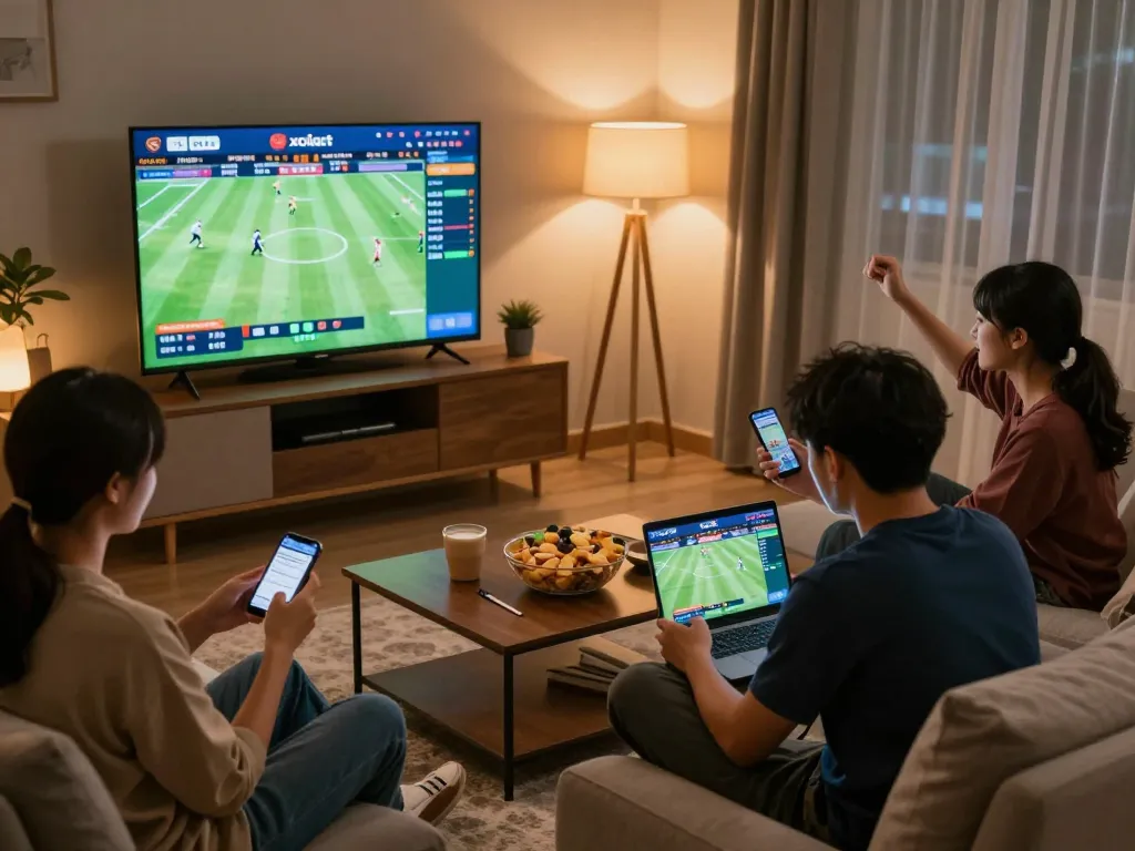 Xoilac TV sports betting excitement with friends watching and engaging on apps.