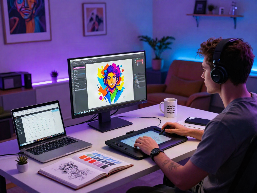 NSFW creative studio scene with digital artist at work surrounded by vibrant tools.