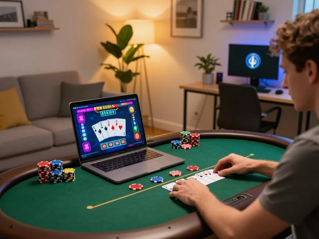 Engaging in online poker with SC88 in a cozy home setup, showcasing strategy and comfort.