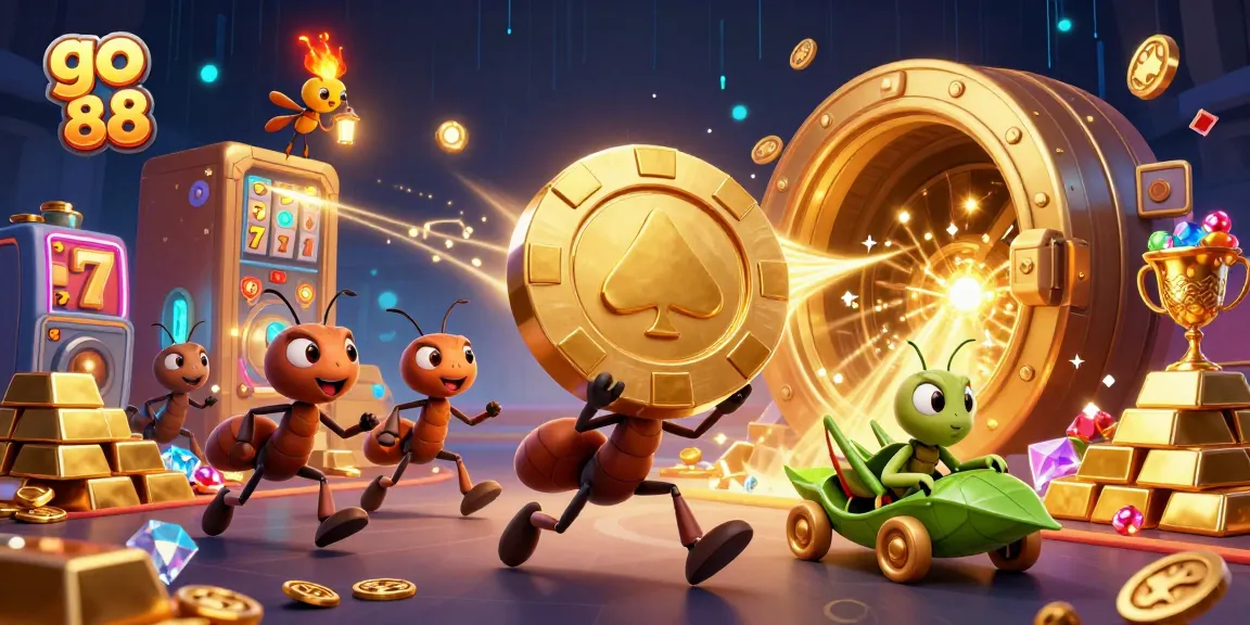 Join the heist with go 88's cartoon ants, golden chips, and casino treasures in a rich scene.