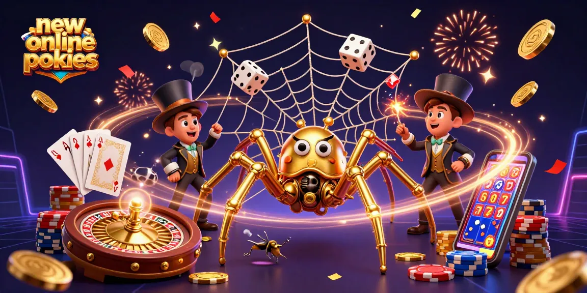 Spin the latest new online pokies, featuring a golden spider and vibrant casino elements.