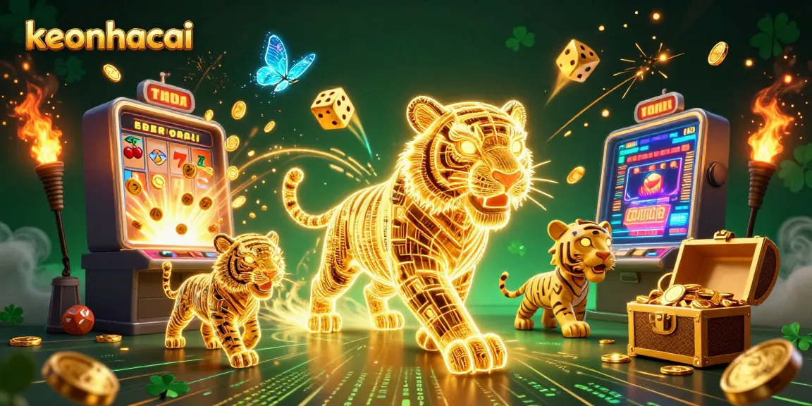 Catch the excitement with keonhacai, featuring a golden tiger in a vibrant digital casino environment.