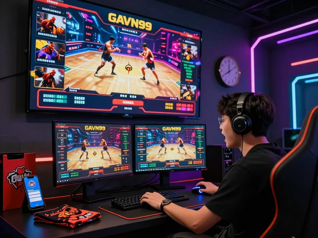 Exciting live betting scene on GAVN99 with dynamic chicken fighting action and a user engaged in online wagering.