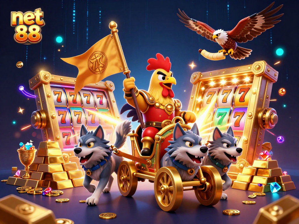 Experience the thrill of net 88 with this vibrant casino-themed 3D illustration featuring dynamic characters and rich treasures.