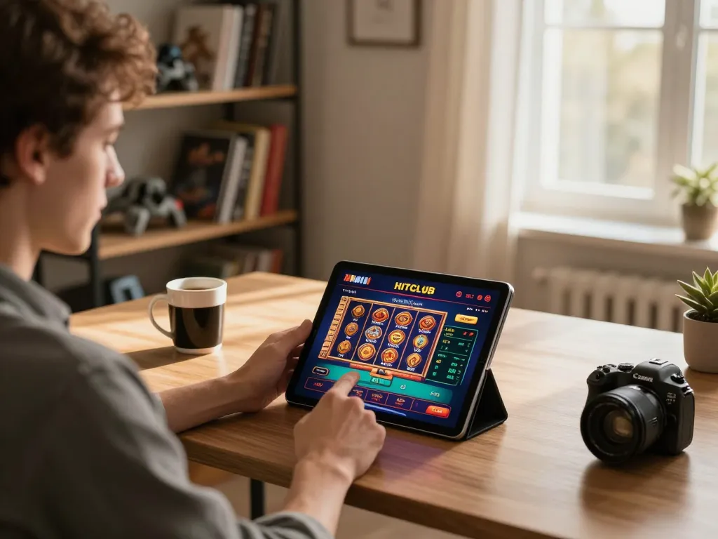 Engaging with HitClub casino app on tablet for online gambling in a cozy home setup