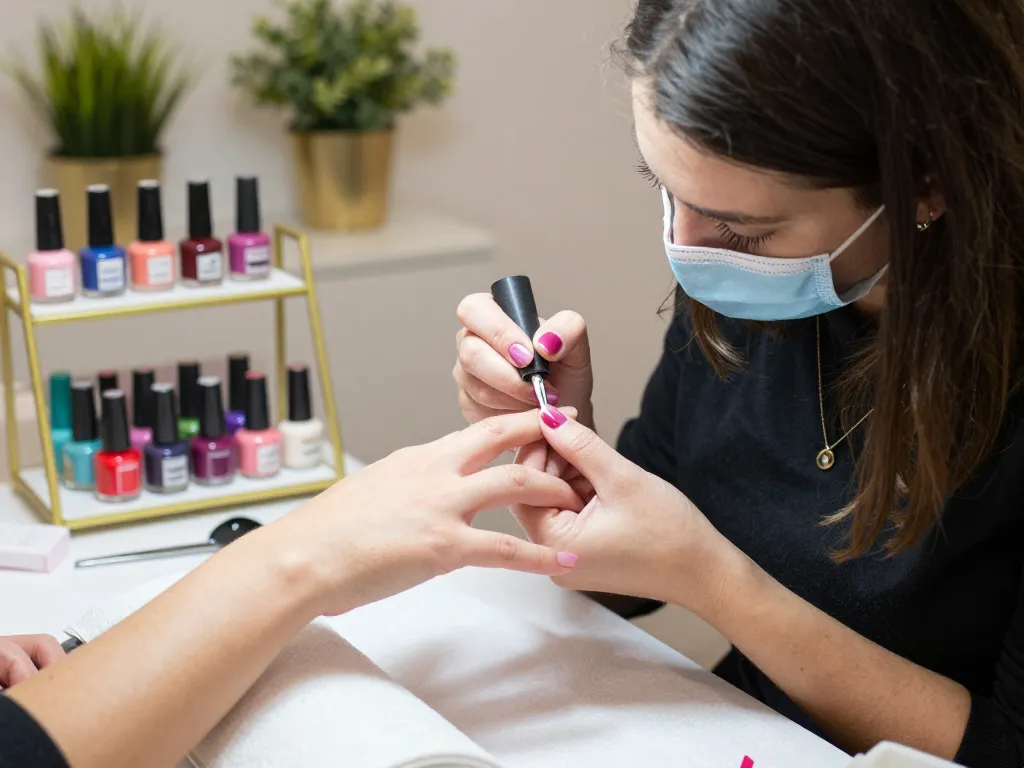 Tehnician profesionist de unghii aplicând gel constructie unghii într-un salon luxos.