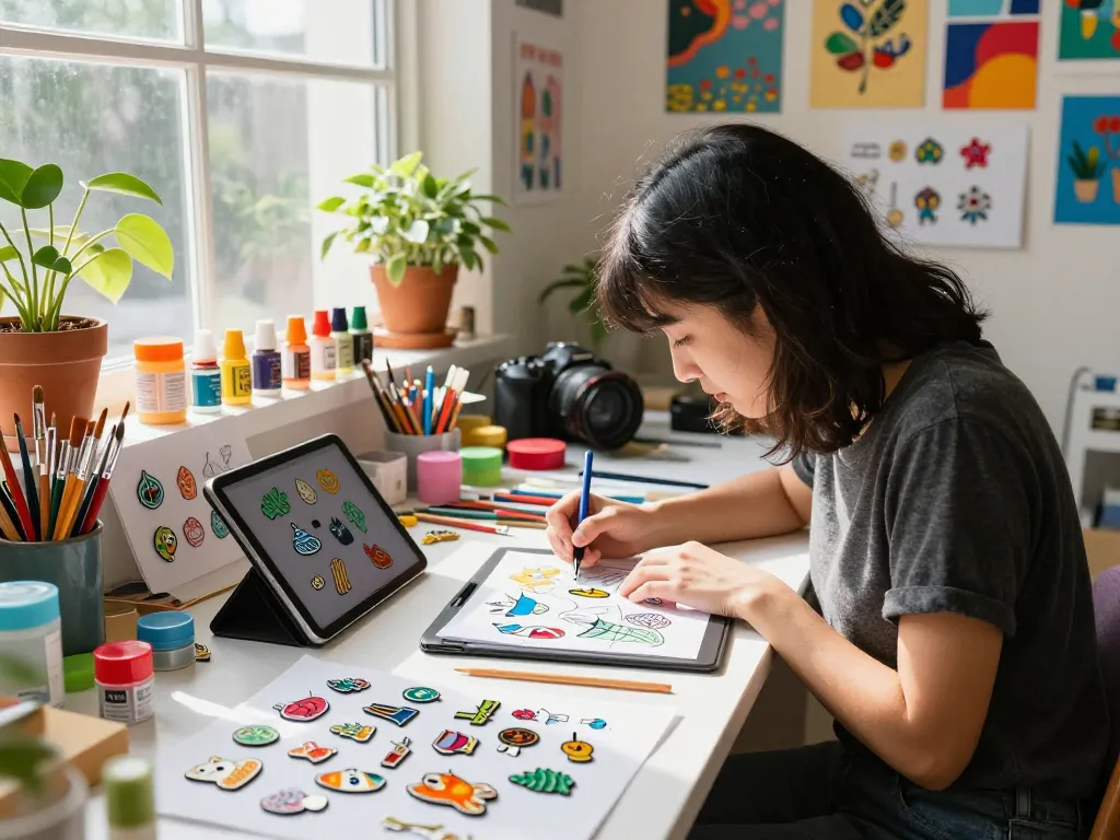 Creating custom enamel pins in a vibrant artisan workspace with design tools and colorful samples.