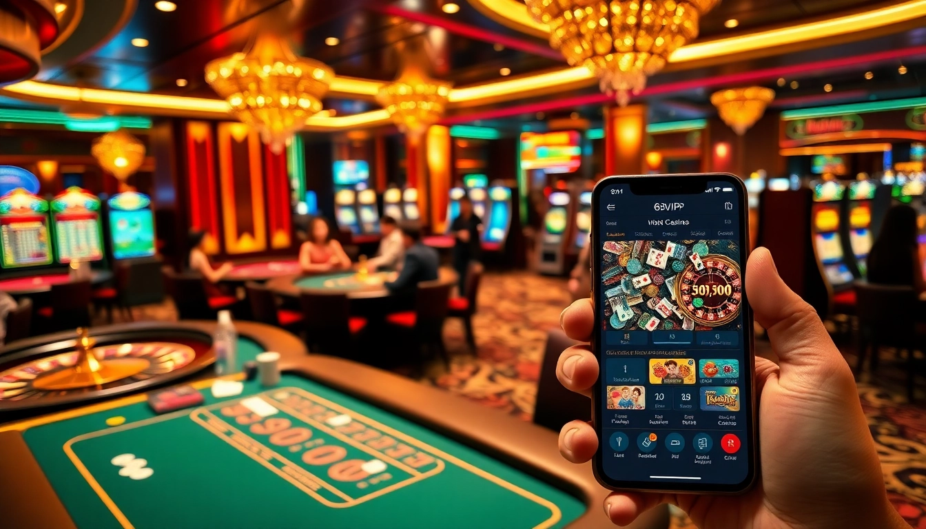 Experience the excitement of 68VIP casino with players at poker tables and vibrant slot machines.