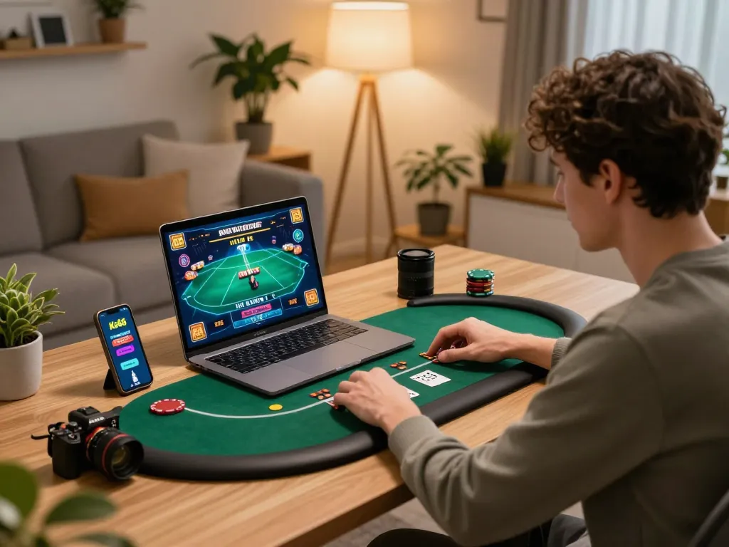 Engaged player enjoying poker at Ko66 online casino on laptop, showcasing home gaming setup