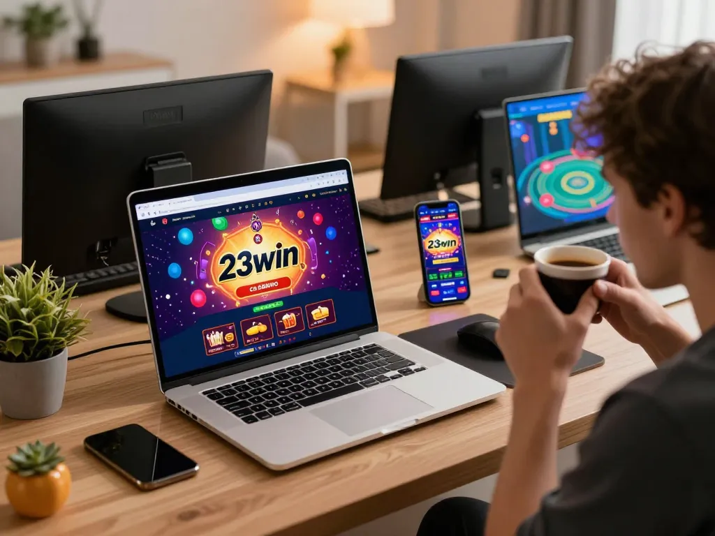 Player engaging with the 23win casino app on a stylish laptop, showcasing home gaming dynamics.