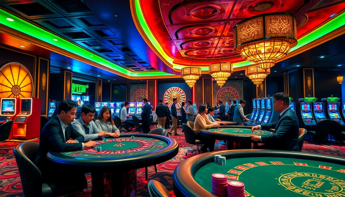 Experience the thrill of Nhà Cái KKWIN in a luxurious casino atmosphere filled with poker tables, roulette wheels, and vibrant energy.