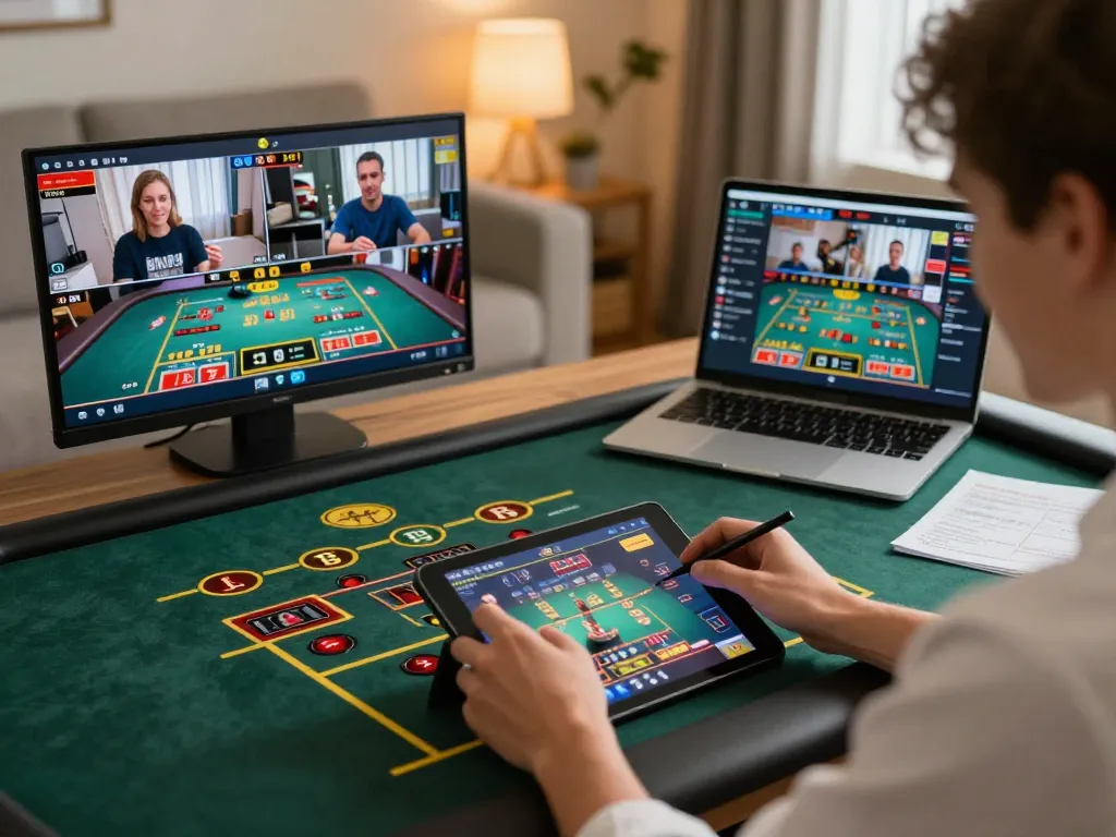 Engaged player enjoying vin777 online casino game at home with dynamic live dealer table.