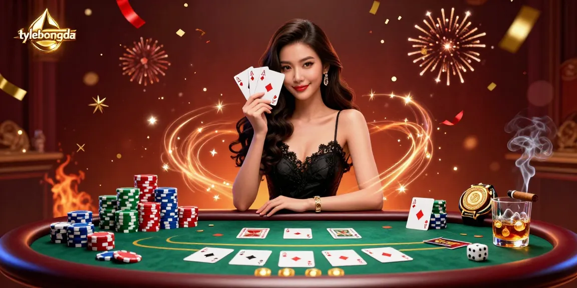 Engaging players and showcasing tylebongda with a glamorous Asian woman in a casino setting holding playing cards amidst festive decor.