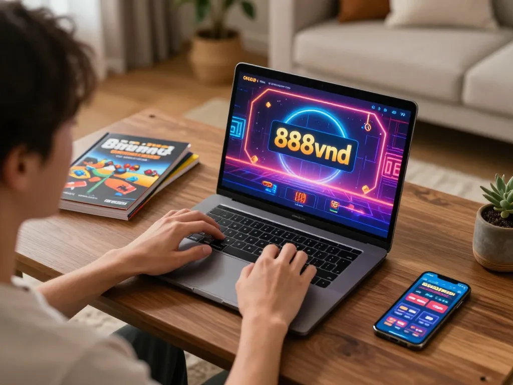 Player engaging with 888vnd online casino on a laptop, showcasing exciting gaming interface.