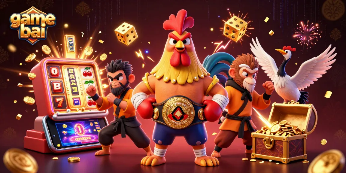 Experience game bai excitement with a dynamic scene of vivid characters and explosive casino elements.