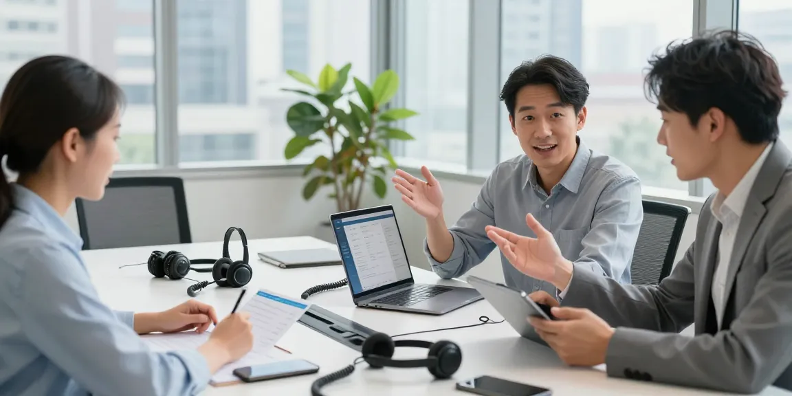 Team discussing small business phone systems in a modern office setting with laptops and smartphones.