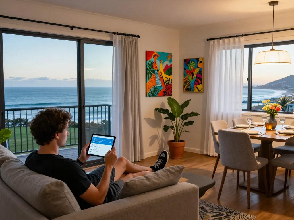 Seamless Airbnb management Cape Town scene with stylish interior, guest enjoying a rental.