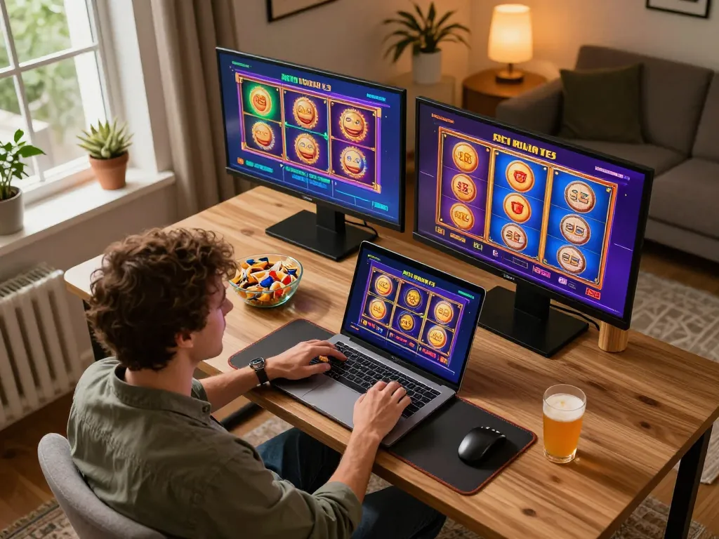 Nohu player enjoying online gaming at home, engaging with vibrant slot displays and strategic betting options.