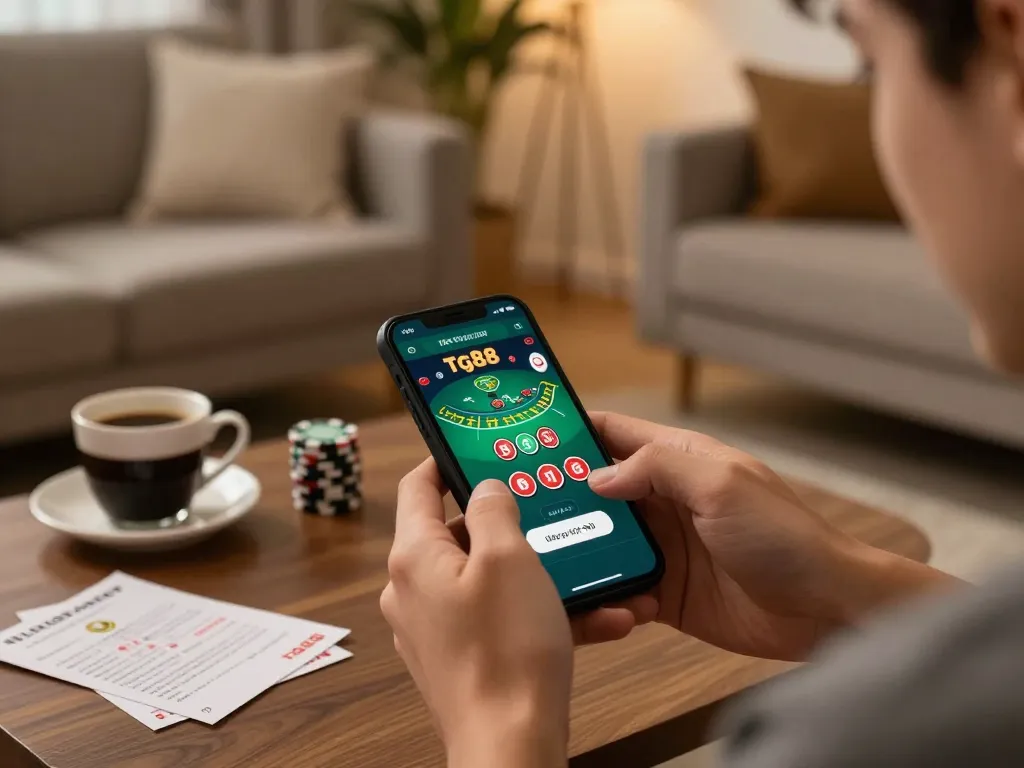 Engaging in online tg88 đăng nhập while playing blackjack on a smartphone in a cozy living room