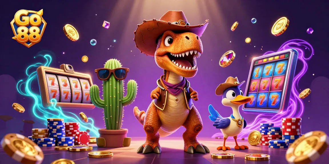 Spin the reels with Go 88 in this vibrant casino scene featuring cartoon characters!
