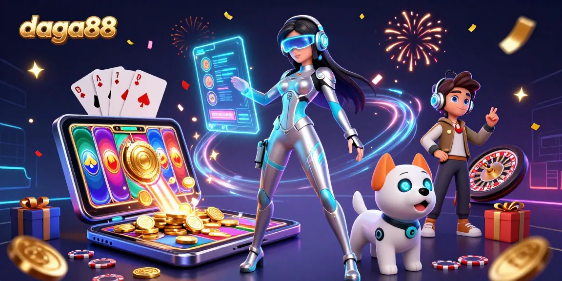 Dive into the action with daga88’s captivating gaming experience, featuring a stunning woman in a futuristic suit and a 3D robot dog.