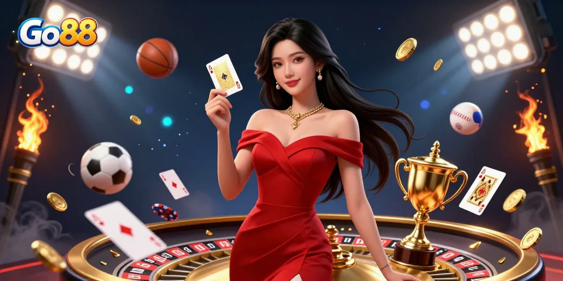 Experience winning moments at Go 88 with stunning visuals of a glamorous Asian woman and a golden roulette wheel.