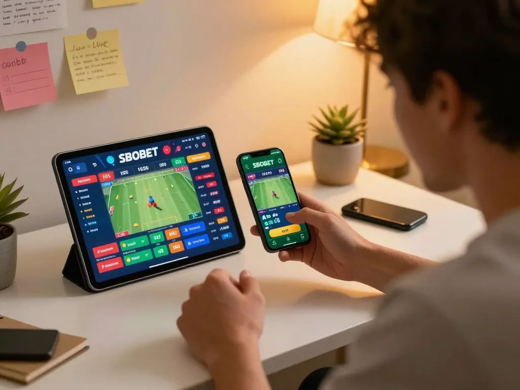 SBOBET mobile betting in action with user placing bets and vibrant interface on tablet.